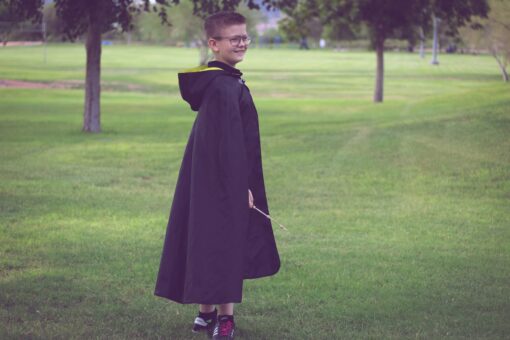 Waves and Wild Storybook Cape Hufflepuff robe from side